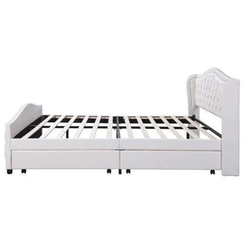 Gestoffeerd Bed 135 x 190 cm - Bed met Lattenbodem, 2 Lades en Hoofdeinde met Siernagels - Hout & Kunstleer - Wit - Jeugdbed / Logeerbed - Noventis Home
