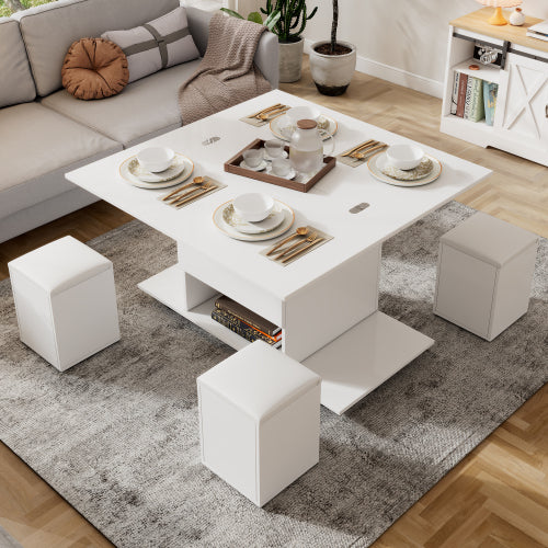 Salontafel met Opklapbaar Blad en Opbergruimte, Hydraulisch Lift-top Tafel voor Woonkamer, Wit