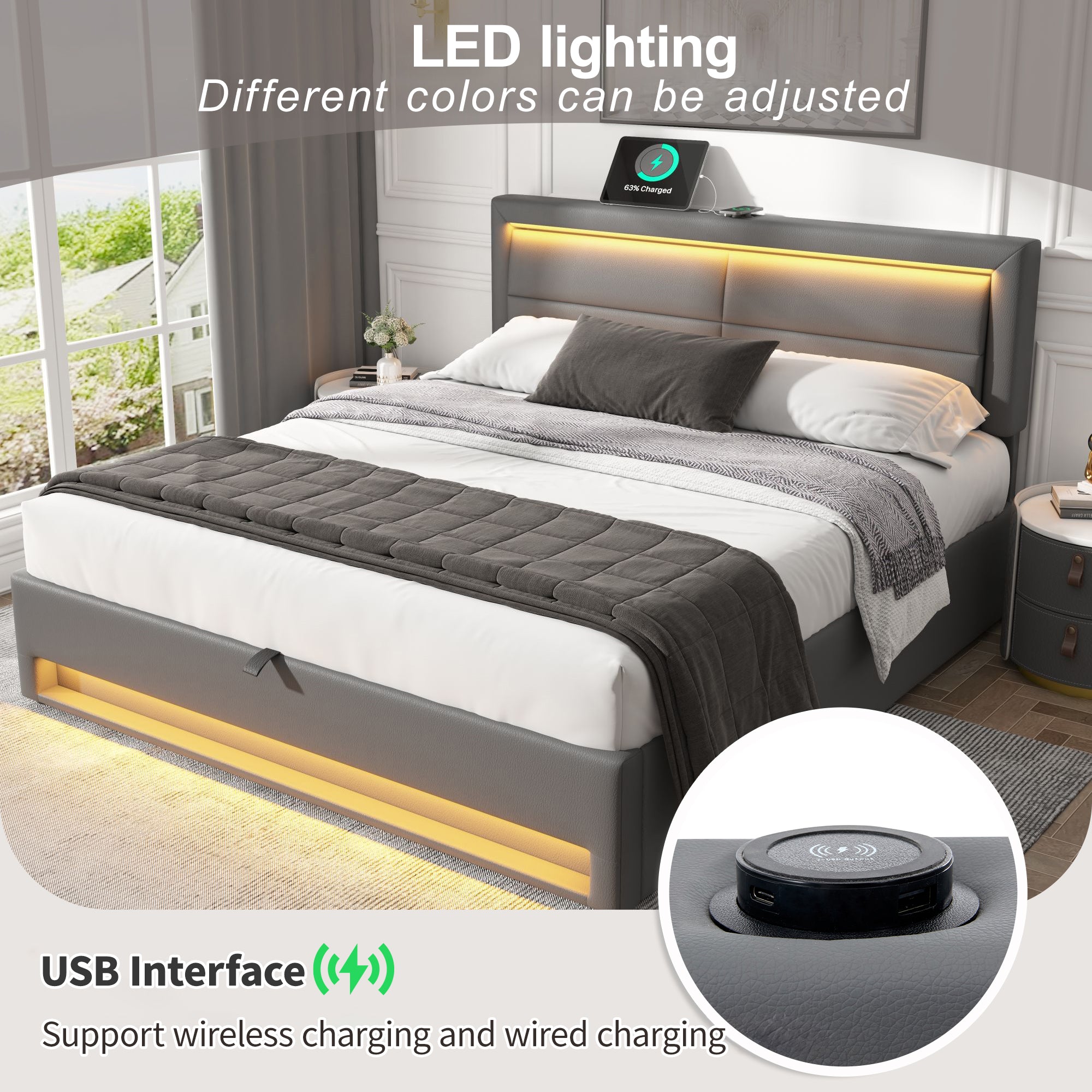 Upholstered Bed 180 X 200 Cm, Super King Size Bed - 6ft,with USB Port Supports Wireless And Wired Charging, With LED Lighting And Storage Space, Without Mattress, PU Lychee Pattern, Grey - Noventis Home