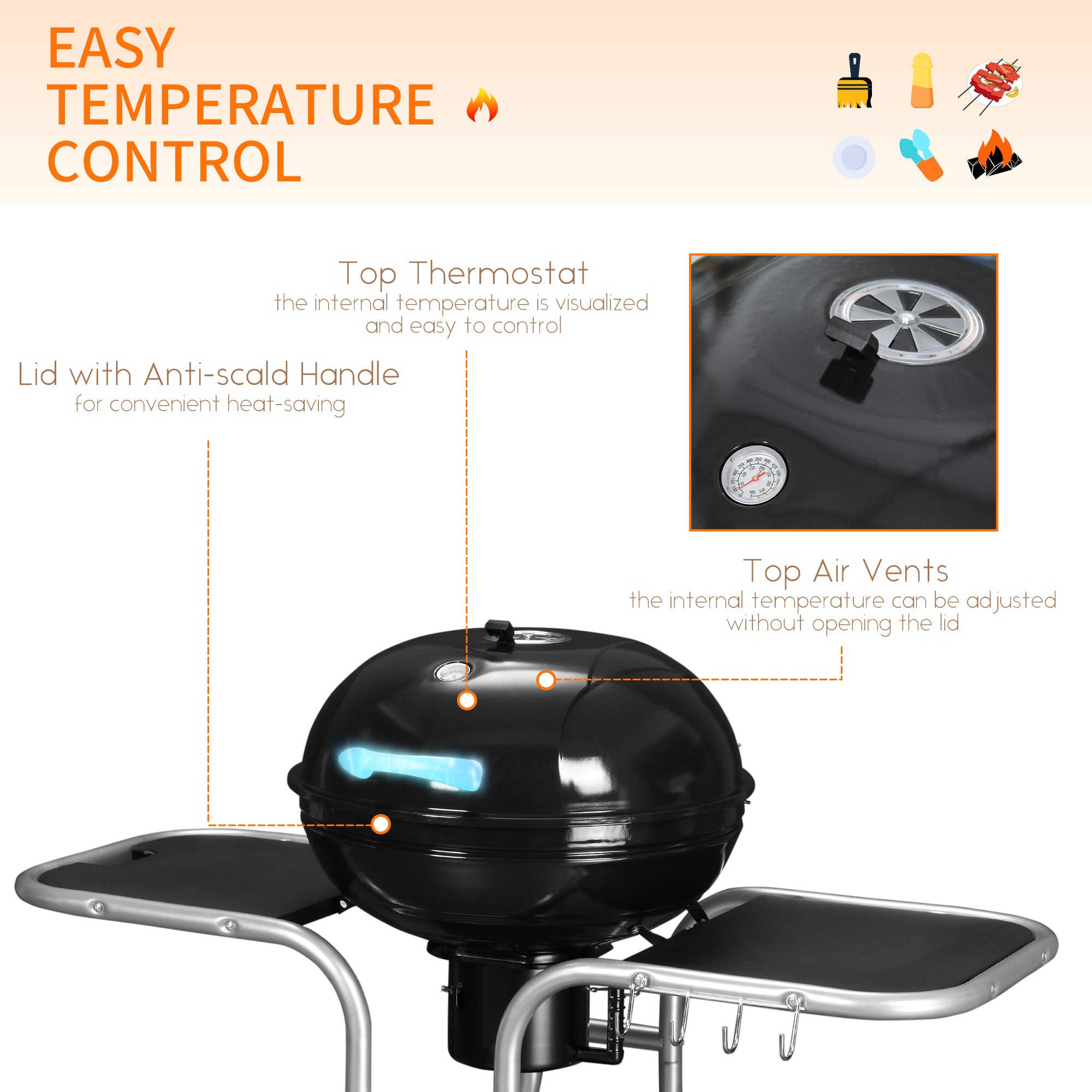 Portable Charcoal Kettle Grill Outdoor Barbecue Trolley BBQ Heat Smoker Grilling With 2 Wheels, Storage Shelf And 4 Hooks, Free Standing, Black - Noventis Home