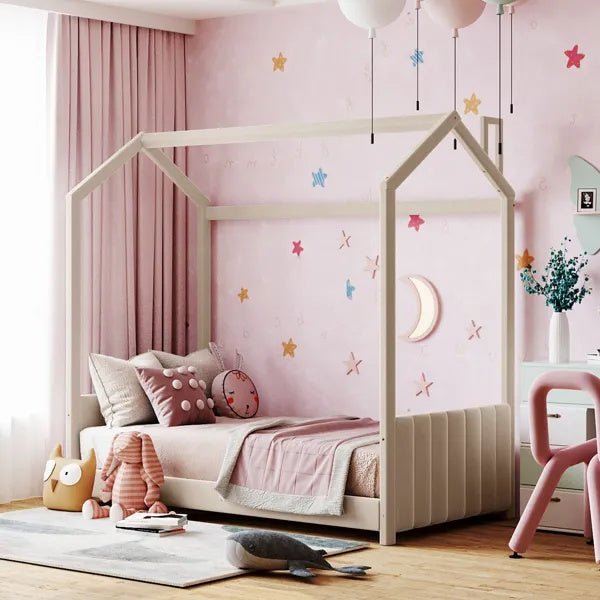 Fluwelen Huisbed Eenpersoons, Houten Bed, Beige - Noventis Home