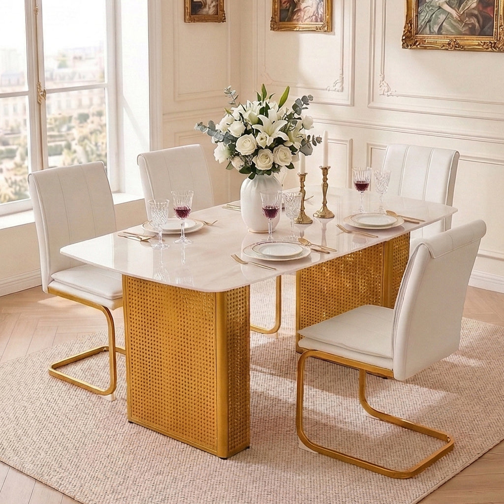 Moderne Rechthoekige Glazen Eettafel met Marmerlook en Gouden Dubbele Metalen Poot, voor Eetkamer & Thuiskantoor - Noventis Home