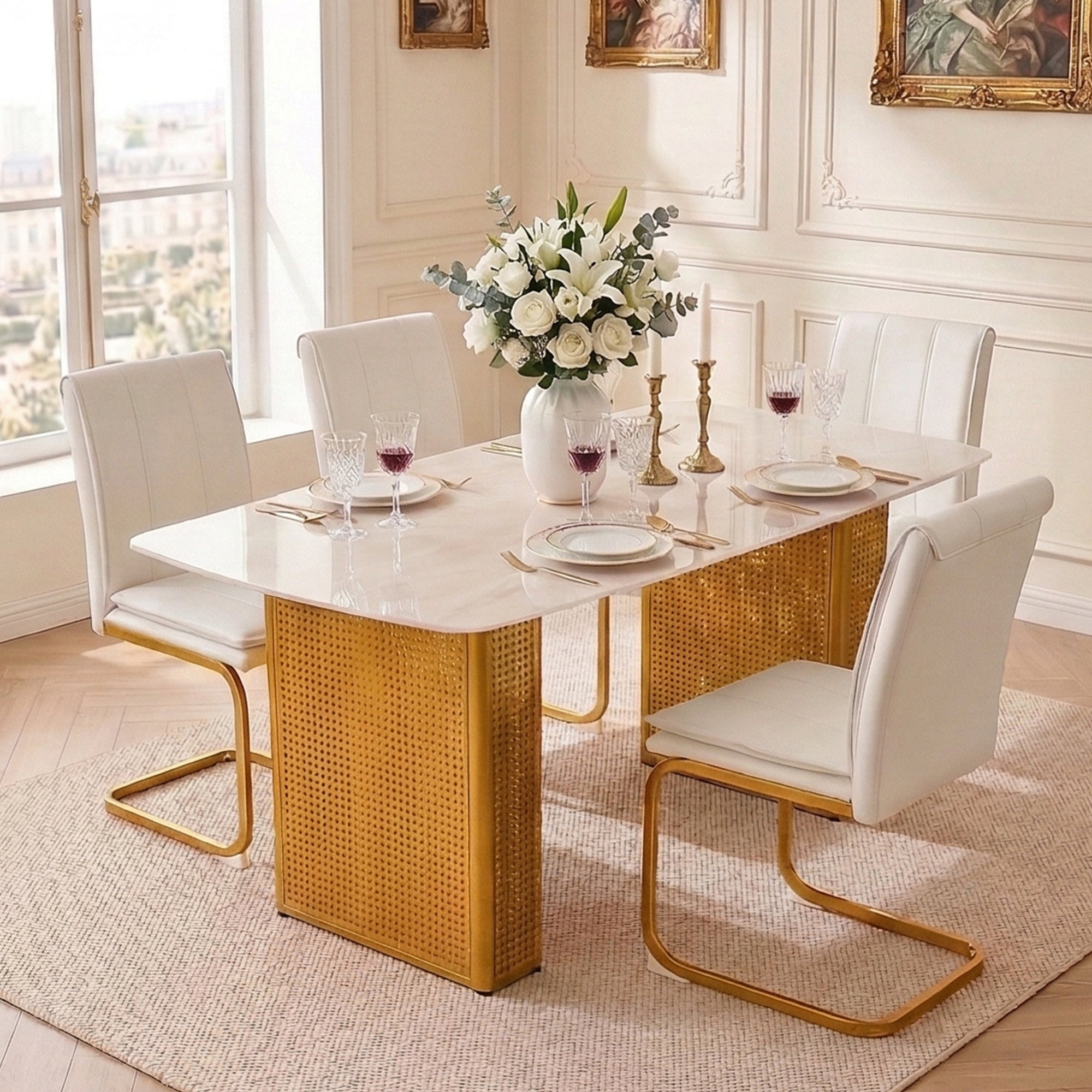 Moderne Rechthoekige Glazen Eettafel met Marmerlook en Gouden Dubbele Metalen Poot, voor Eetkamer & Thuiskantoor