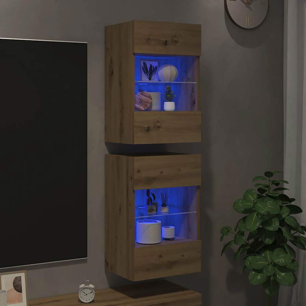 Wandkasten met RGB LED - verlichting voor TV, Set van 2, Artisan Eiken/Wit - Noventis Home