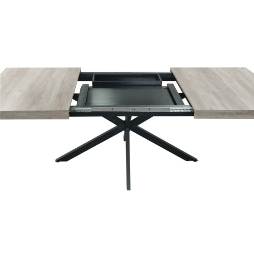 Retro Rechthoekige Uitschuifbare Eettafel, Grijs Tafelblad met Zwart Reliëf Middenpaneel, IJzeren Kruisvoet, Met Opbergvak, 140-180 cm