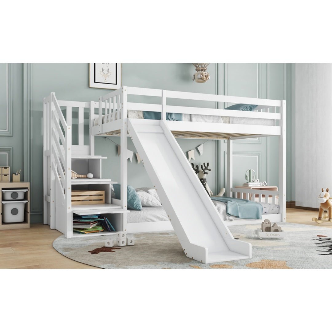 Bunk Bed With Stairs And Slide, Solid Pine Wood Frame, Children Bed, Storage Stairs, 90x190cm, White - Noventis Home