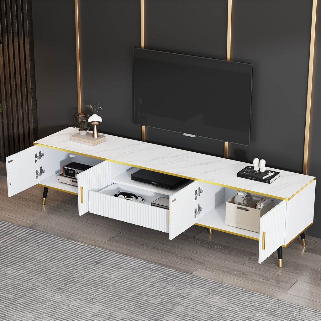 Modern TV Stand, 4doors & 1drawers, TV Cabinet Storage Sideboard With Marble Texture, TV Entertainment Center For Livingroom Bedroom, 200x40x46cm, White, Maximum For 90 Inch TV - Noventis Home