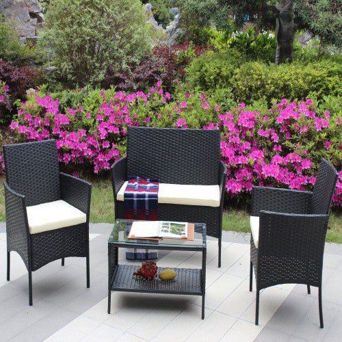 4 PC Rattan Patio Furniture Set Outdoor Patio Cushioned Seat Wicker Sofa Beige Cushion - Noventis Home