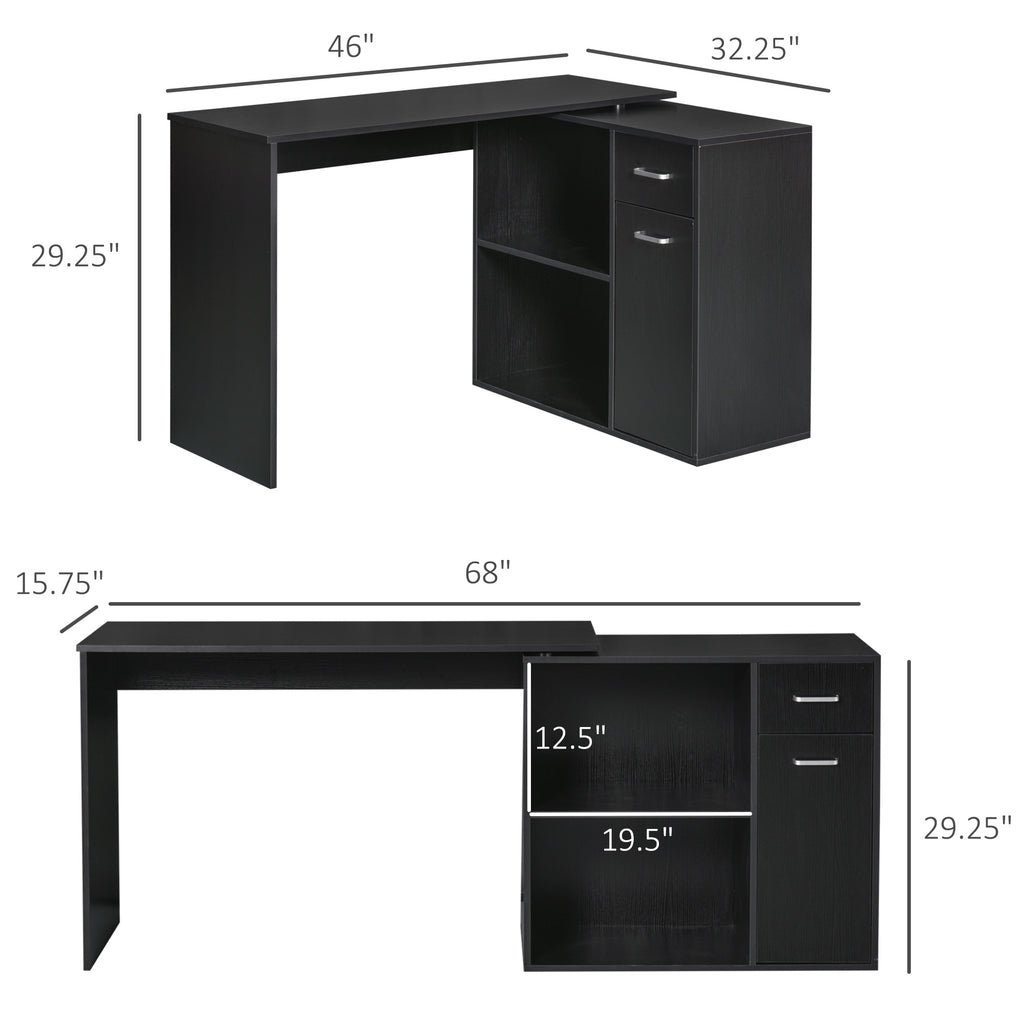 L Shaped Computer Desk, 180° Rotating Corner Desk With Storage Shelves, Drawer And Cabinet, Study Workstation For Home Office, Black - Noventis Home
