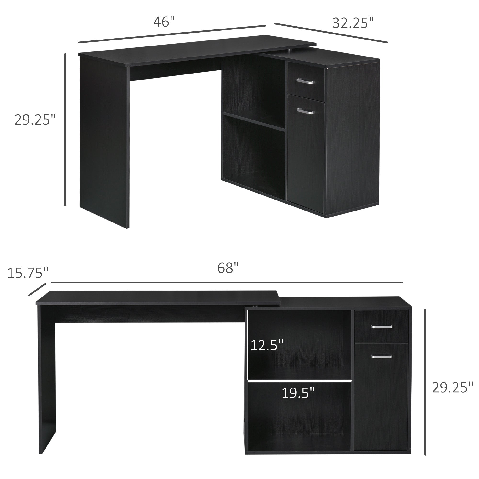 L Shaped Computer Desk, 180° Rotating Corner Desk With Storage Shelves, Drawer And Cabinet, Study Workstation For Home Office, Black - Noventis Home