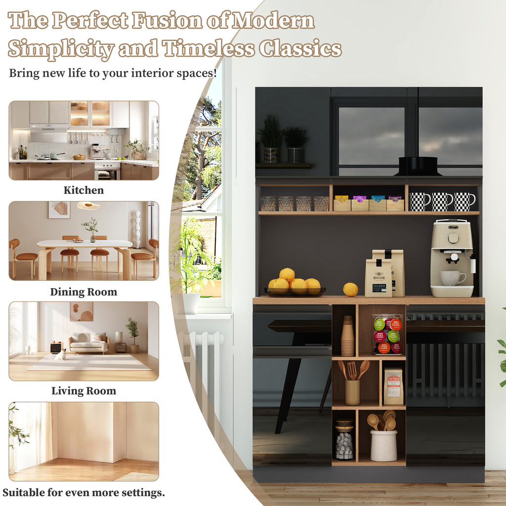 105x45x185 cm Keukenkast Buffetkast, Hoogglans Deuren, Verstelbare Planken, Lades, Open Opbergruimte, Kantelbescherming, Geschikt voor Keuken, Eetkamer en Woonkamer - Noventis Home