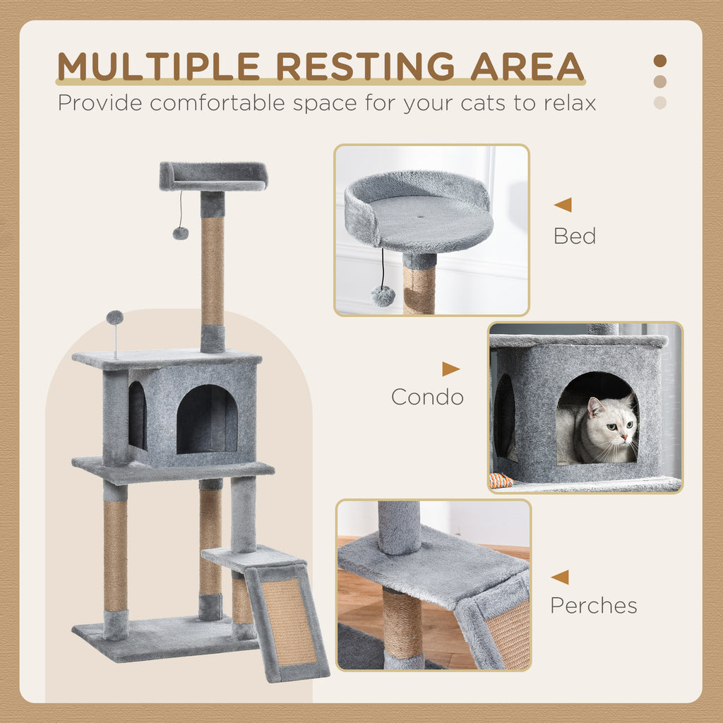 PawHut Cat Tree Tower 142cm Climbing Kitten Activity Center With Jute Scratching Post Board, Removable Felt Hanging Toy, Grey - Noventis Home