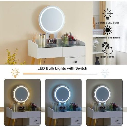 Kaptafel met LED - verlichting, Glazen Blad, Uitschuifbare Zijtafel, 5 Lades, Spiegel en Kruk voor Slaapkamer - Noventis Home