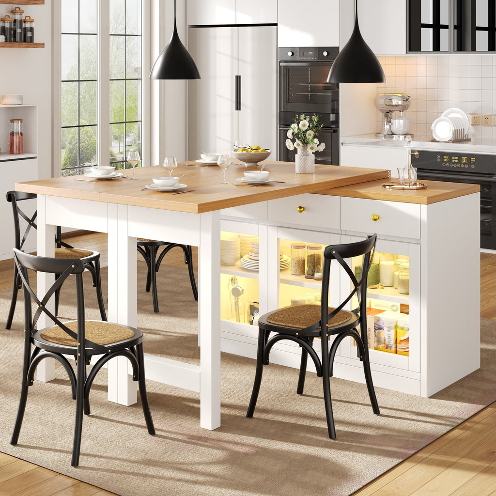 Extendable Kitchen Island With LED Lights, 120 - 200cm Adjustable Dining Table With Storage, 3 Drawers & Glass Cabinets, White Black - Noventis Home
