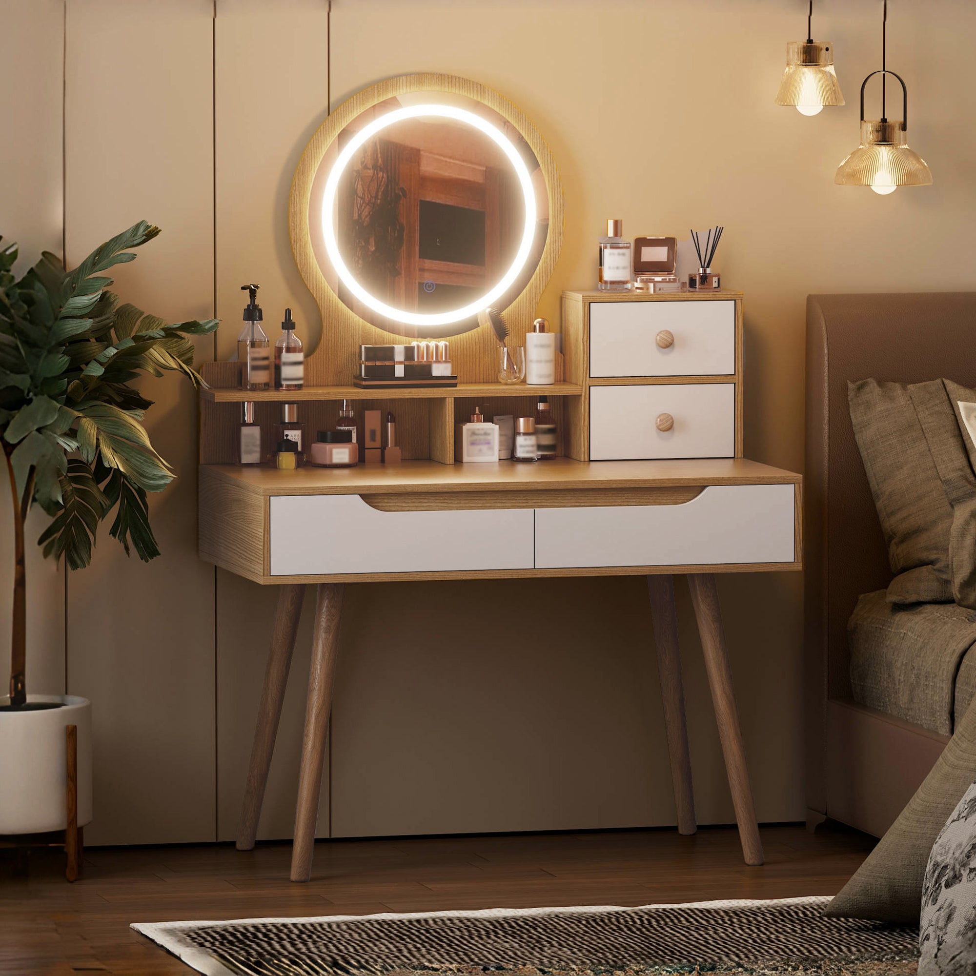 Make - up Kaptafel met 3 - delige Verstelbare Verlichte Spiegel, 4 Lades en 3 Open Planken, Massief Houten Poten, voor Kleine Slaapkamer - Noventis Home