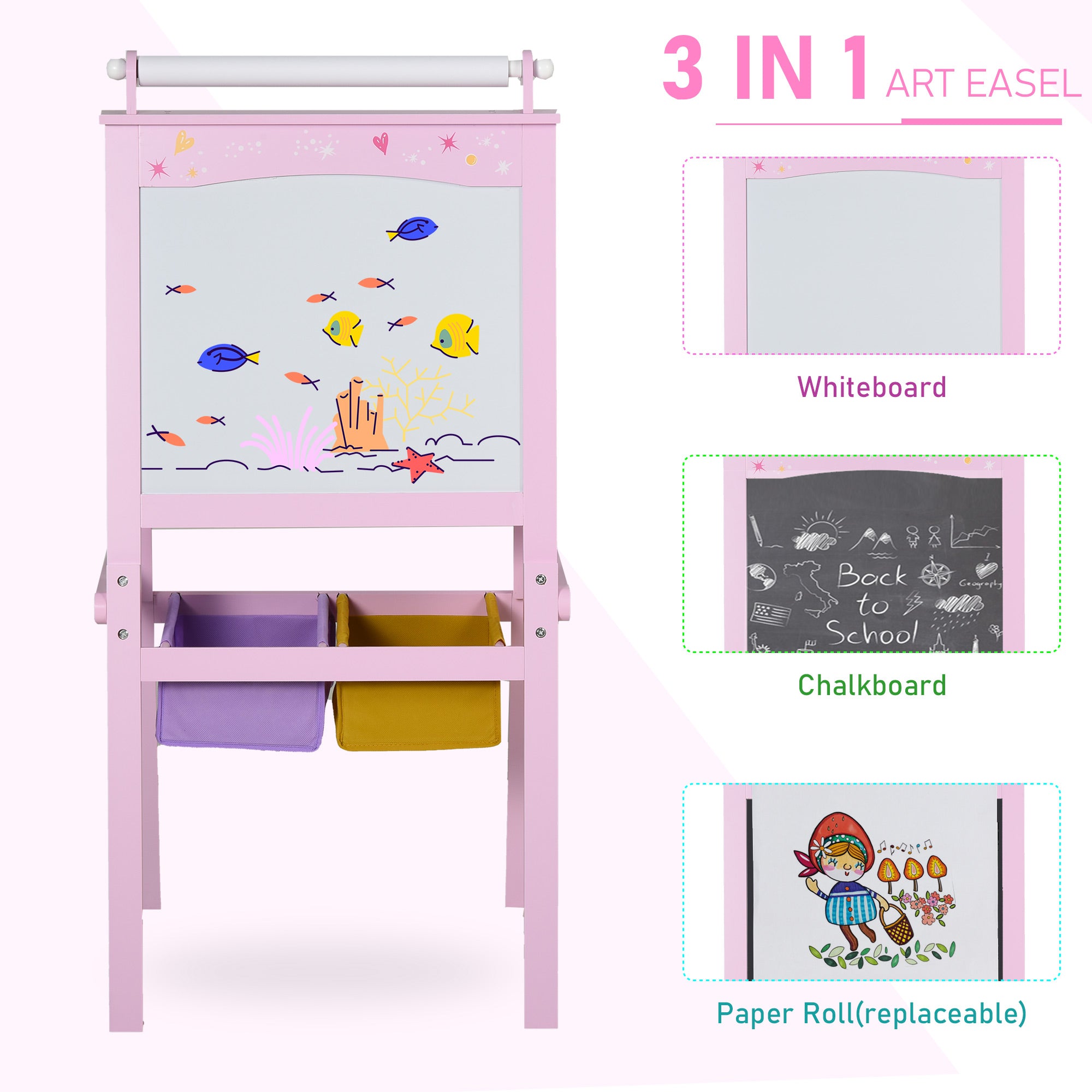 Kinder Schildersezel 3-in-1, Houten Tekenbord met Krijtbord, Whiteboard en Papierrol, Opbergmandjes, Roze