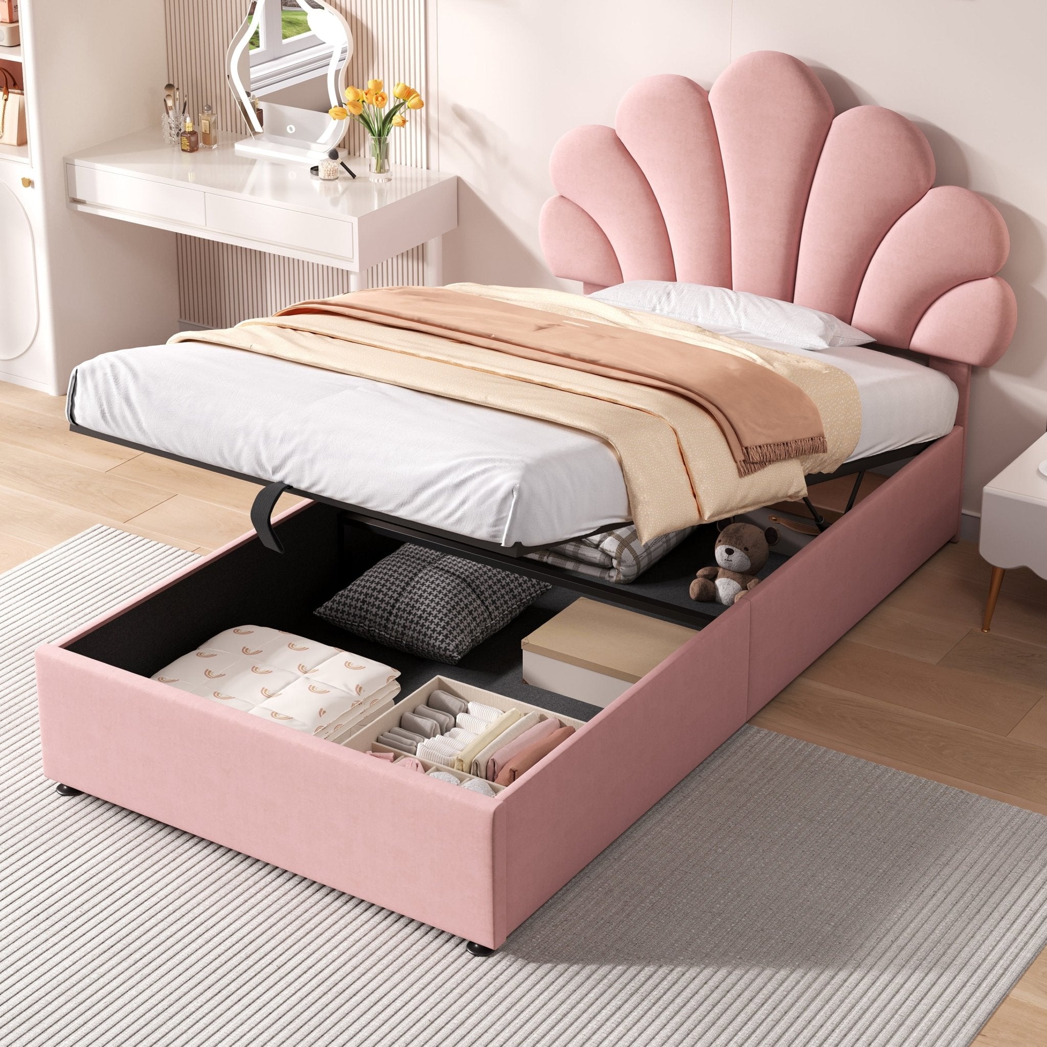 Eenpersoons Gestoffeerd Hydraulisch Bed met Verstelbaar Bloemblaadjes Hoofdeinde, Fluweel, 90x190cm, Zonder Matras - Noventis Home