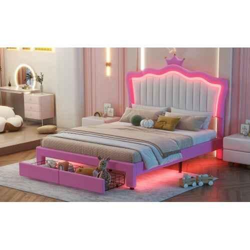 Gestoffeerd Tweepersoonsbed met LED - verlichting, Modern Prinsessenbed met Kroonhoofdsteun en 2 Lades, Roze + Wit - Noventis Home