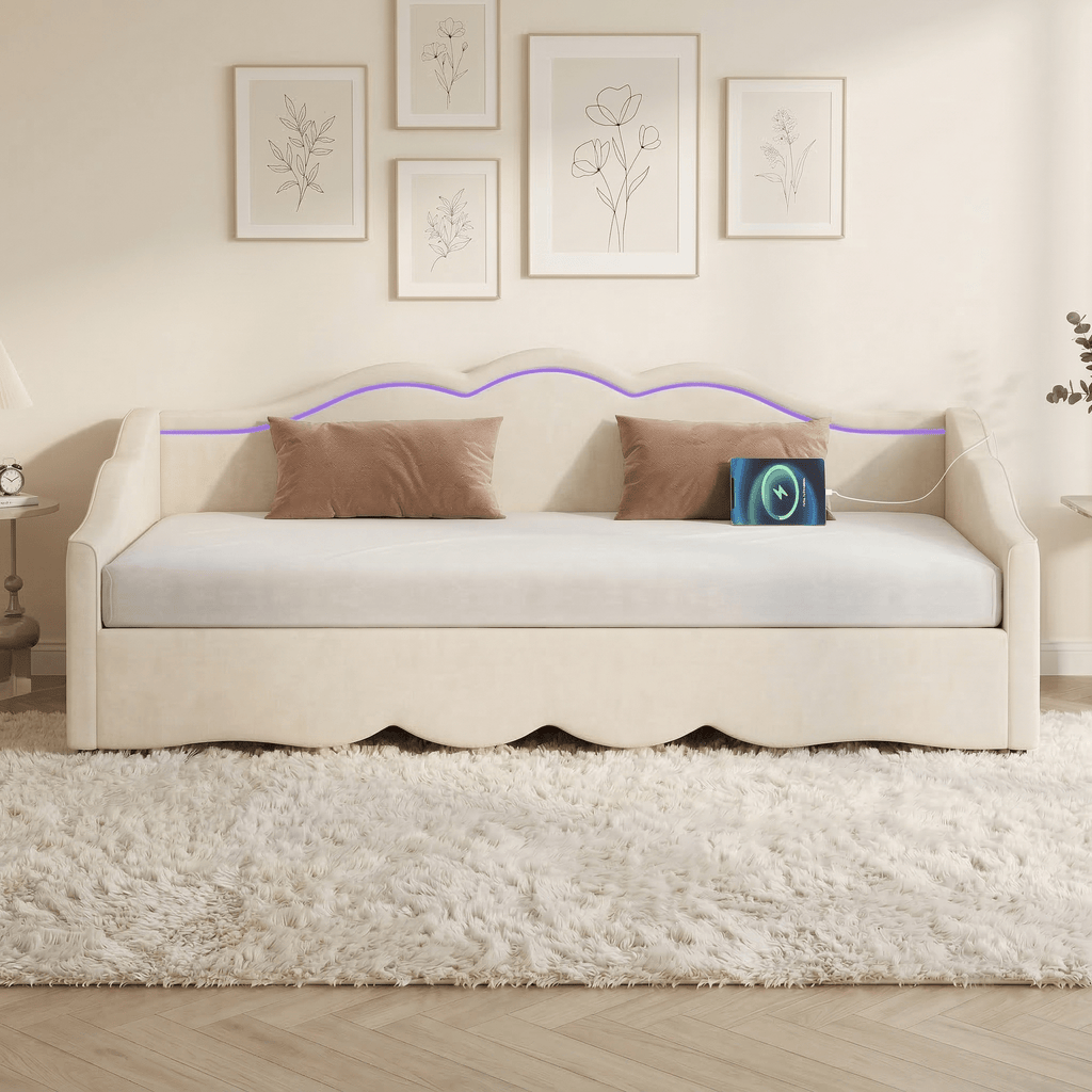 Upholstered Daybed, Sofa Bed, 90x190 Cm, Extendable To 180 Cm, With LED Lighting And USB Port, Beige Velvet - Noventis Home