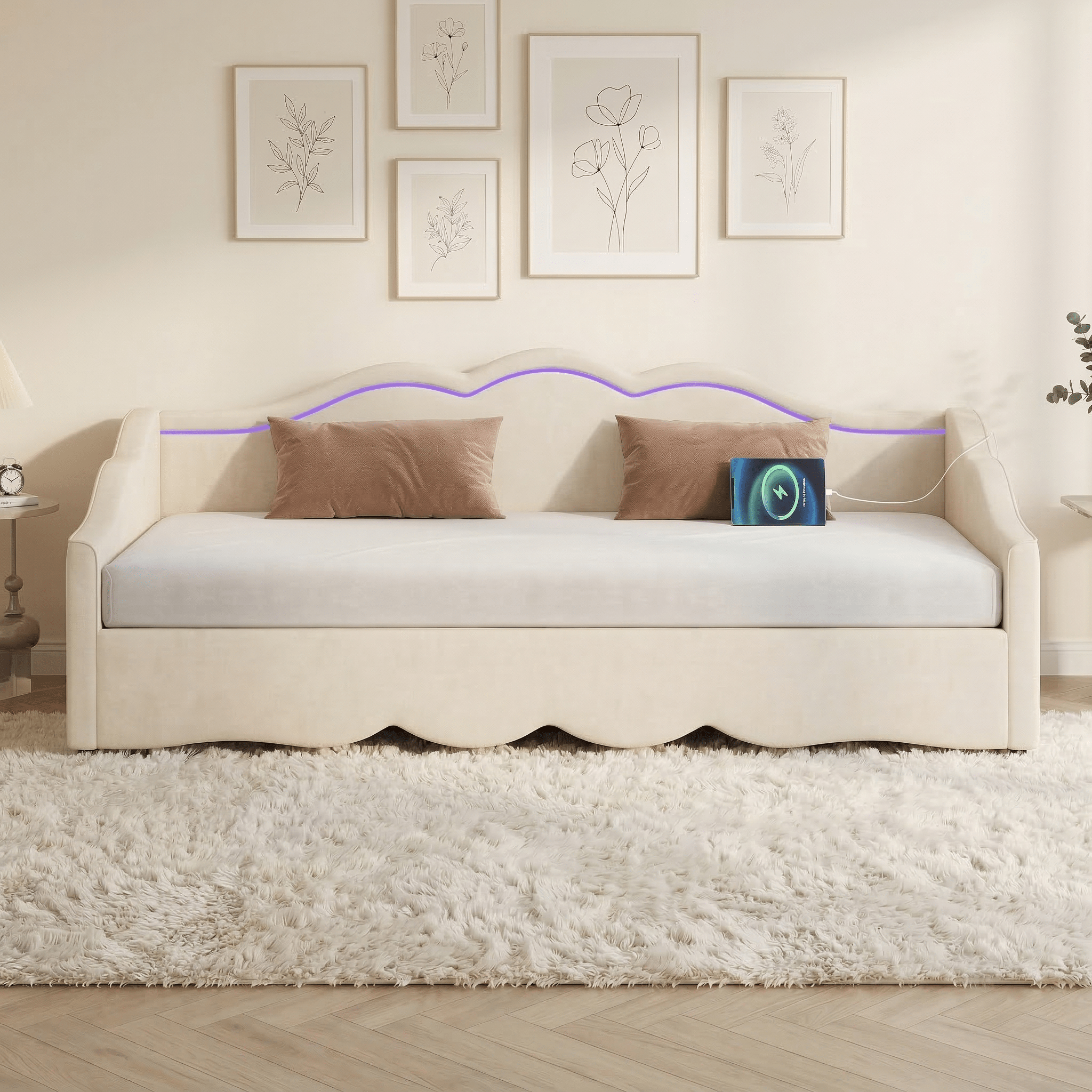 Upholstered Daybed, Sofa Bed, 90x190 Cm, Extendable To 180 Cm, With LED Lighting And USB Port, Beige Velvet - Noventis Home