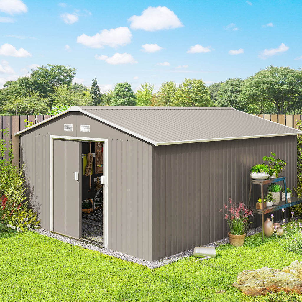 13 X 11ft Large Garden Shed, Mental Garden Storage Shed With Foundation Kit Ventilation & Doors, Light Grey - Noventis Home