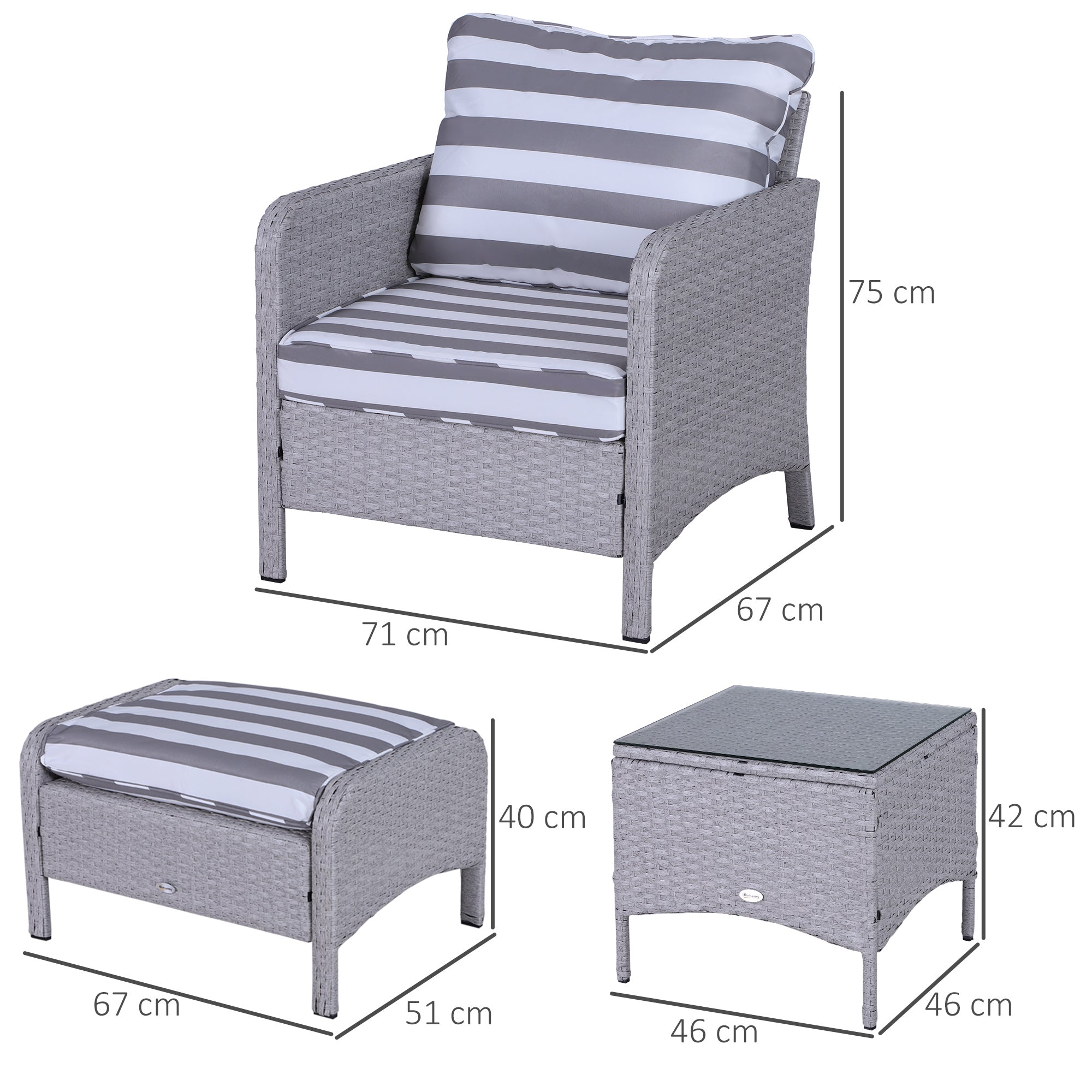 5 - delige PE Rattan Tuinmeubelset met 10cm Dikke Kussens, 2 Fauteuils, 2 Voetenbanken en Glazen Tafel, Grijs/Wit - Noventis Home