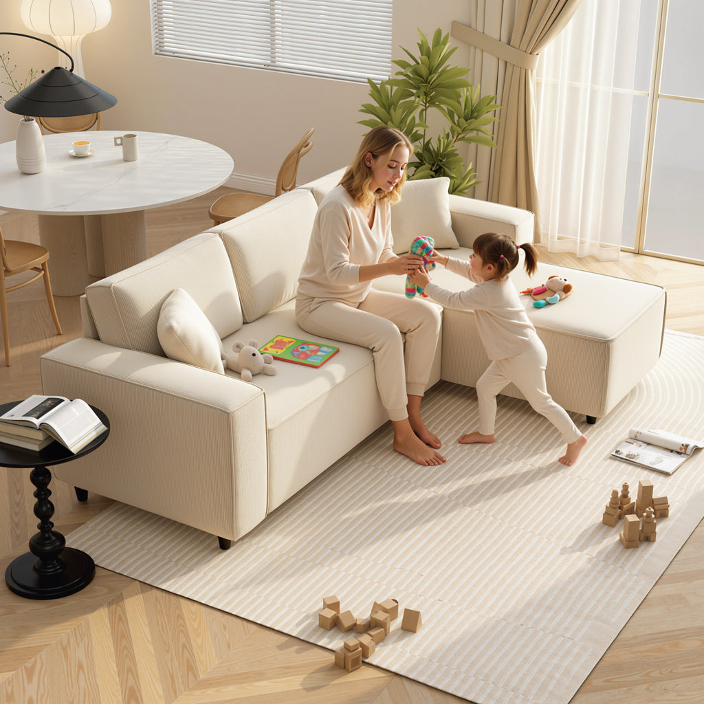 Hoekbank met Omkeerbare Chaise Longue, Corduroy L - vormige Slaapbank met Pocketvering, Crèmewit - Noventis Home