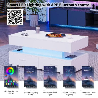 Salontafel met Hydraulisch Opklapbaar Blad en LED-verlichting, 2 Lades en Opbergruimte voor Woonkamer, Wit