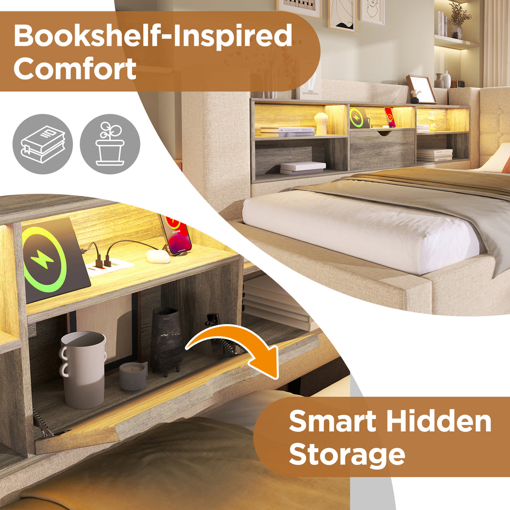 Daybed Upholstered Bed 90 X 190 Cm, 3FT Single Sofa Bed With Storage, USB &Type C Charging Station, Pull Out Trundle For Living Room And Bedroom, Linen, Beige No Mattress - Noventis Home