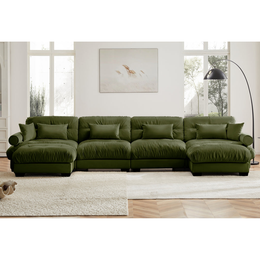 U Shaped Sectional Sofa Cloud Couch With Movable Ottomans,Convertible Deep 4 Seater Modern Velvet Comfy Upholstered Corner Couch With Blostered Armrests, Waist Pillow And Throw Pillows,Olive Green - Noventis Home