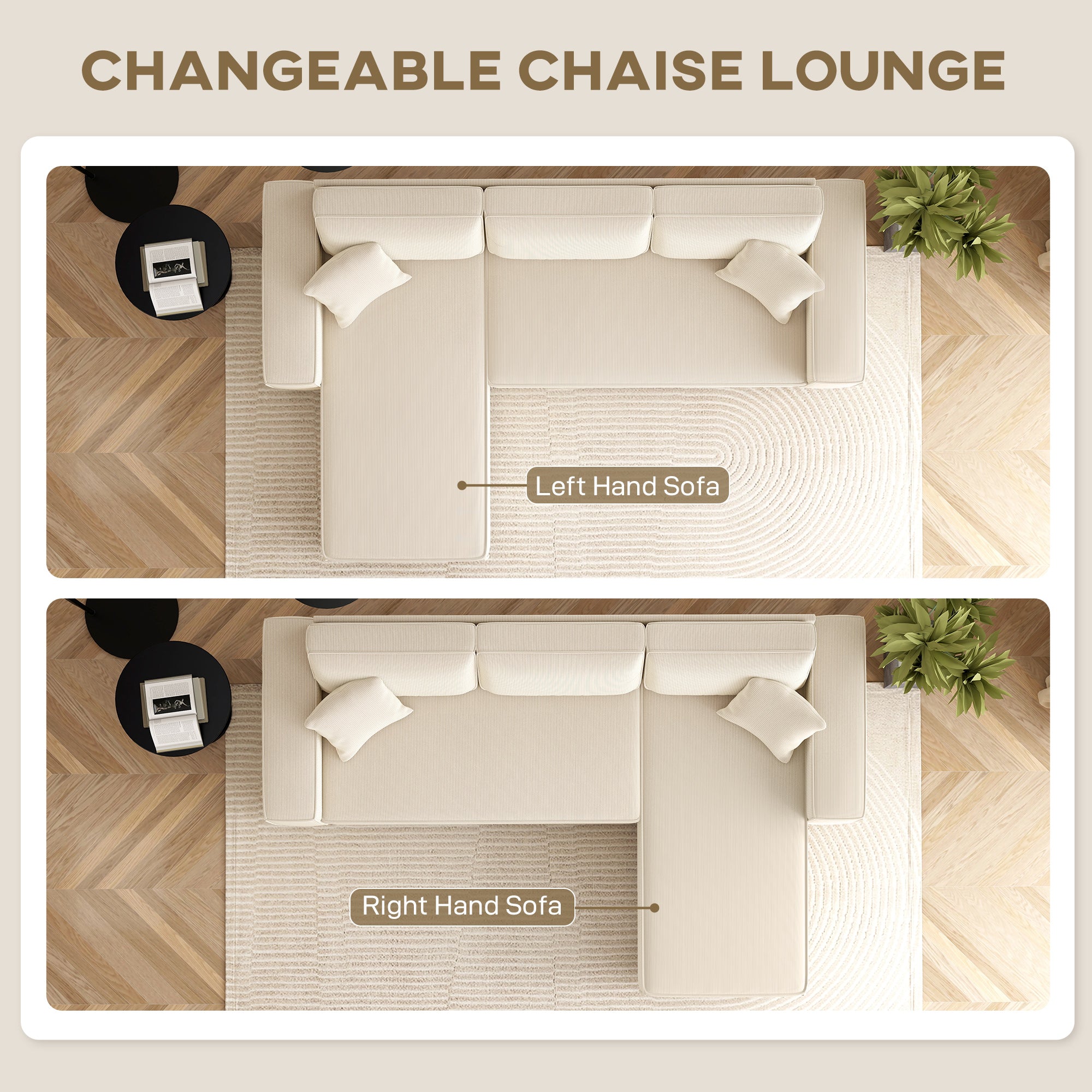 Hoekbank met Omkeerbare Chaise Longue, Corduroy L - vormige Slaapbank met Pocketvering, Crèmewit - Noventis Home