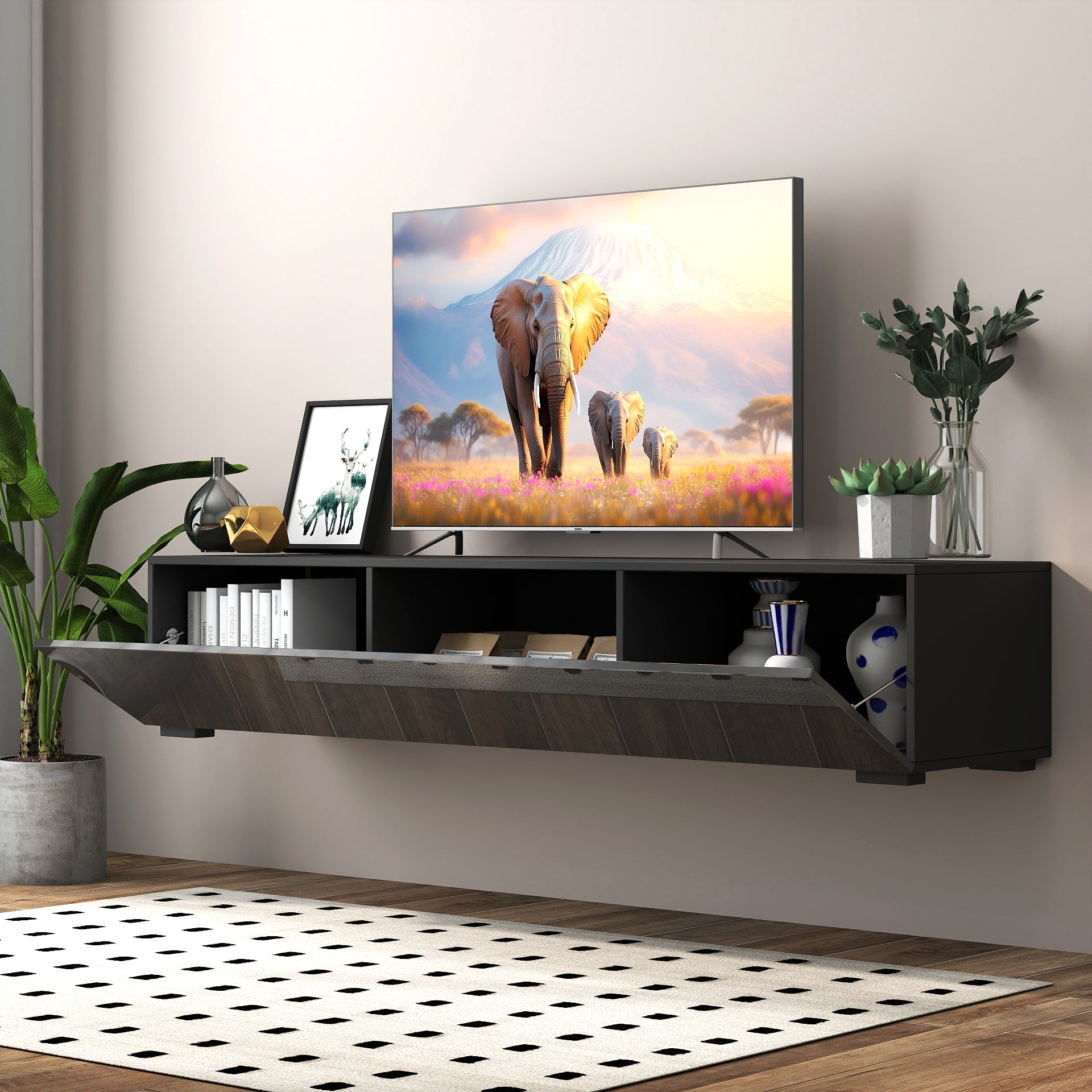 Modern Zwevend TV - meubel met Opbergruimte, 160cm, Zwart - Noventis Home