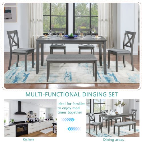 6 Piece Kitchen Dining Set, Rectangular Wooden Dining Table With 4 Upholstered Chairs And A Bench, Dining Table Set For 6 People, Living Room, Home Bar And Kitchen, Gray - Noventis Home