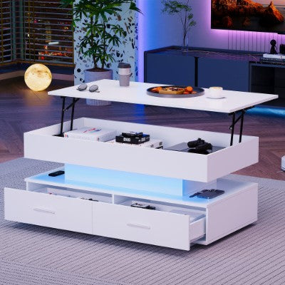 Salontafel met Hydraulisch Opklapbaar Blad en LED-verlichting, 2 Lades en Opbergruimte voor Woonkamer, Wit