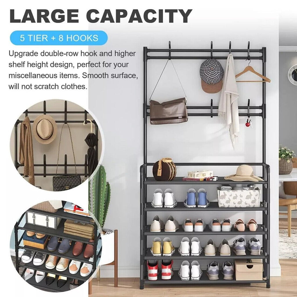 New Coat And Hat Stand 8 Hooks Metal Shoe Rack 5 Tiers Shelf Hanger Black UK - Noventis Home
