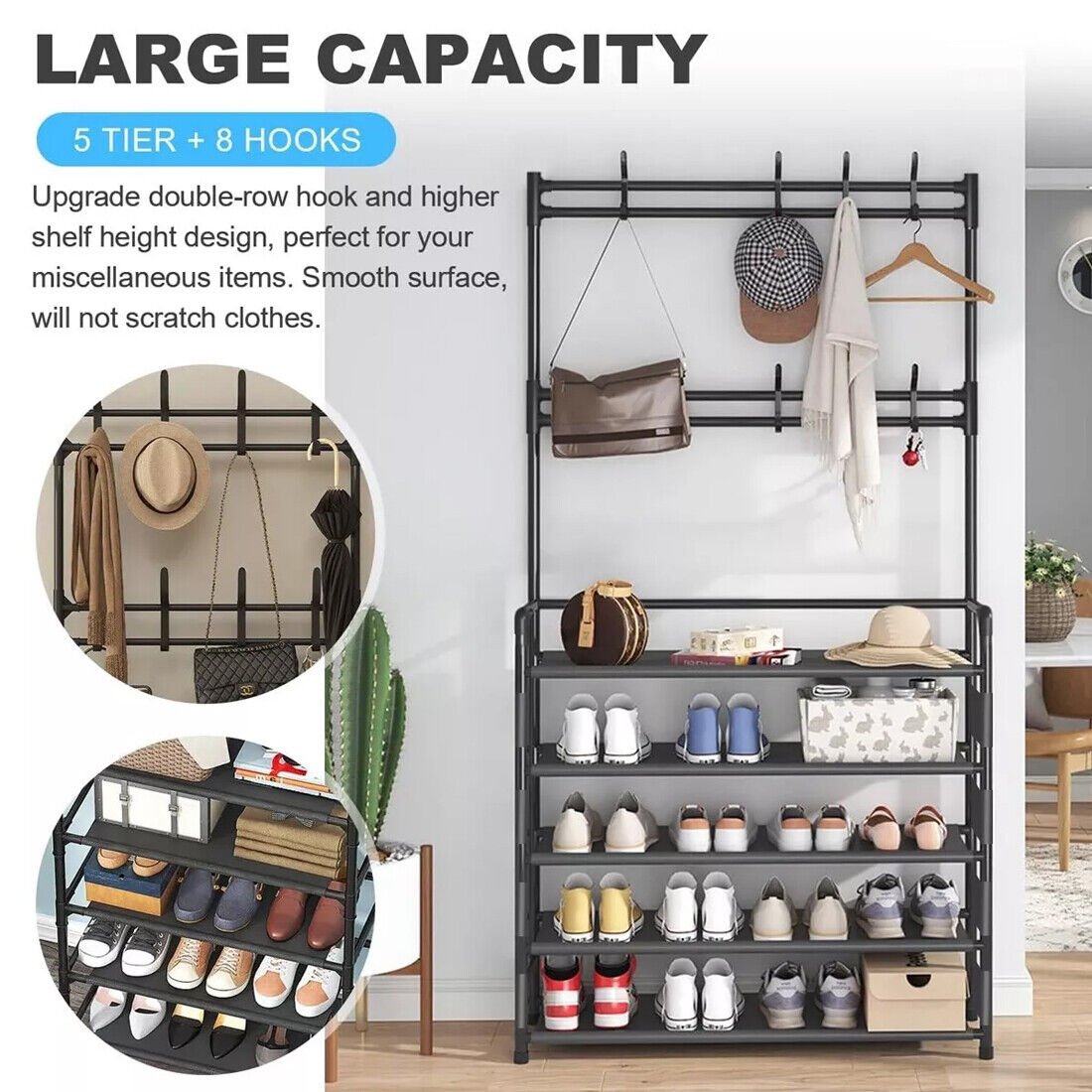 New Coat And Hat Stand 8 Hooks Metal Shoe Rack 5 Tiers Shelf Hanger Black UK - Noventis Home