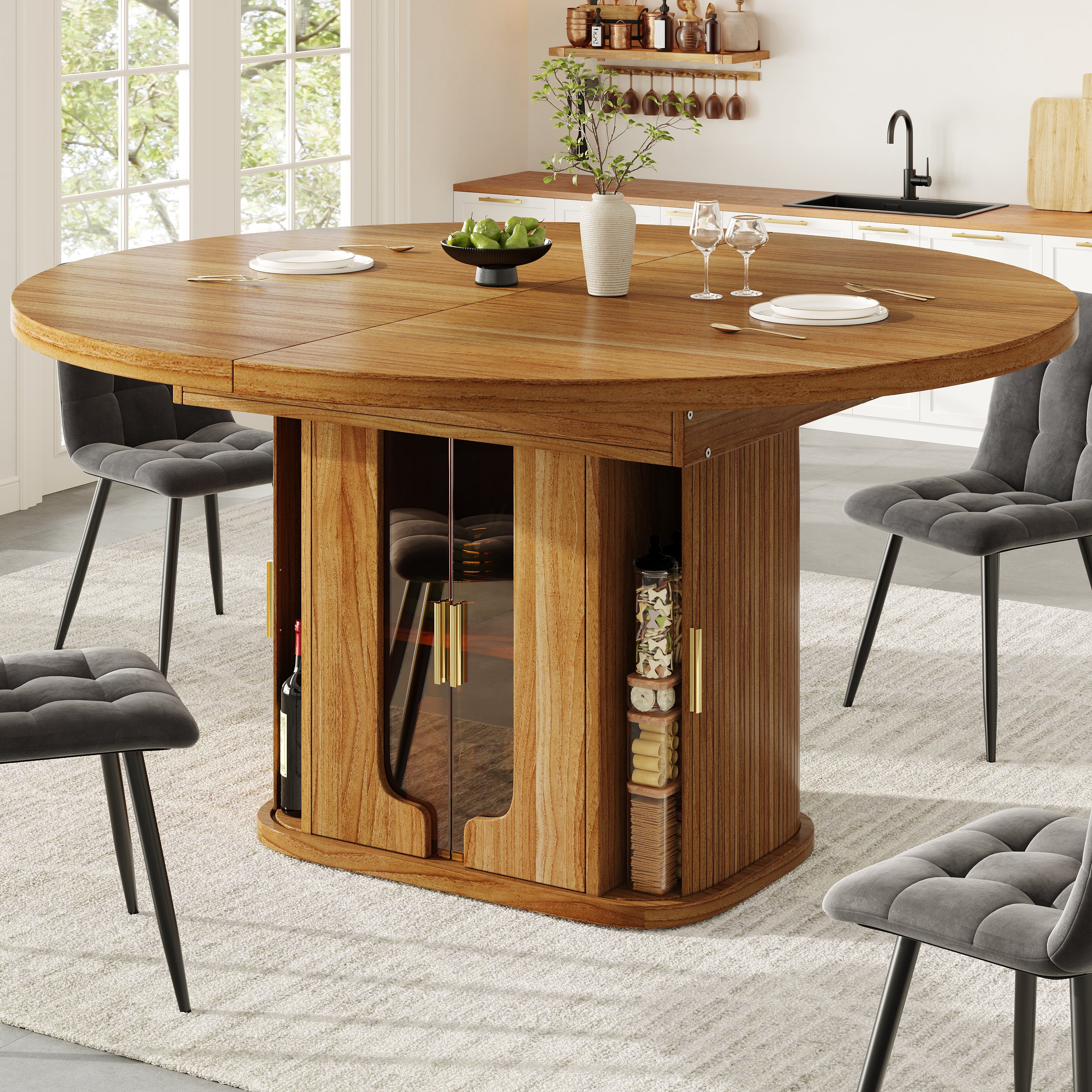 Uitschuifbare Ronde Eettafel, Uitklapbaar tot Ovaal, 118-158cm, tot 6 Personen, Glazen Deuren, Walnoot