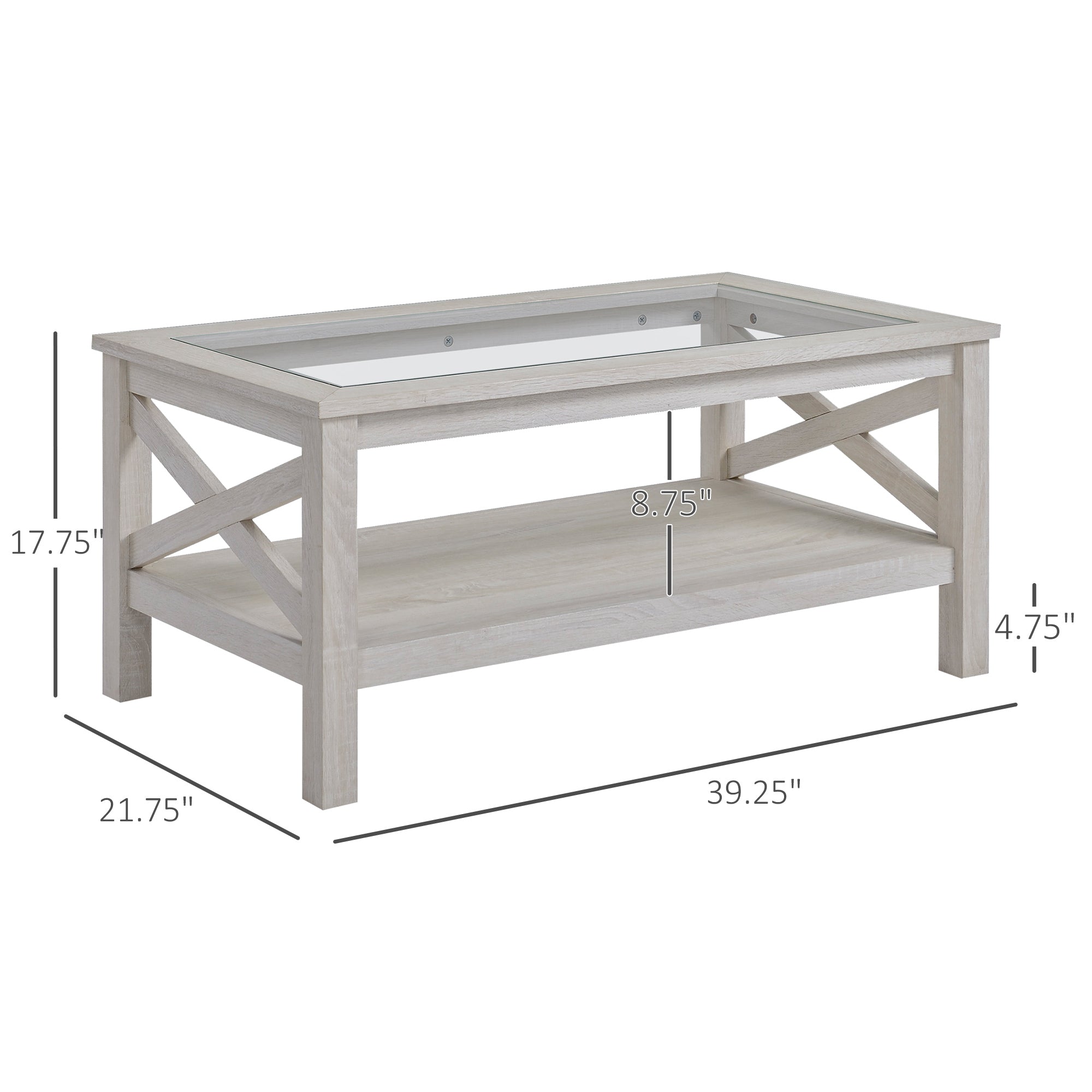 Coffee Table with Tempered Glass Tabletop, Living Room Table with Wood Frame and Underneath Storage Shelf, White Oak - Noventis Home