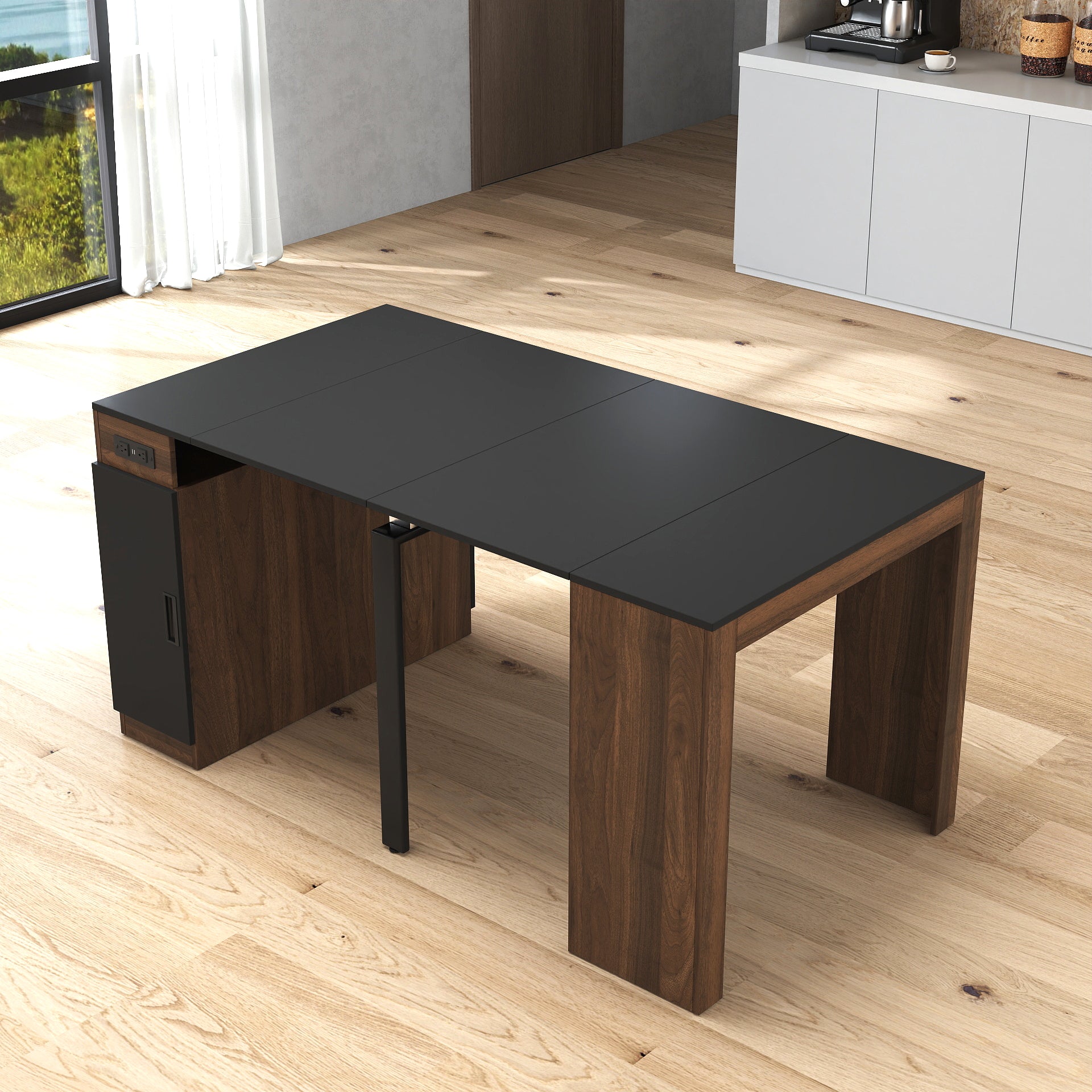 Moderne Multifunctionele Uitschuifbare Eettafel met Stopcontact en Opbergruimte, voor Feesten, Vergaderingen en Vieringen