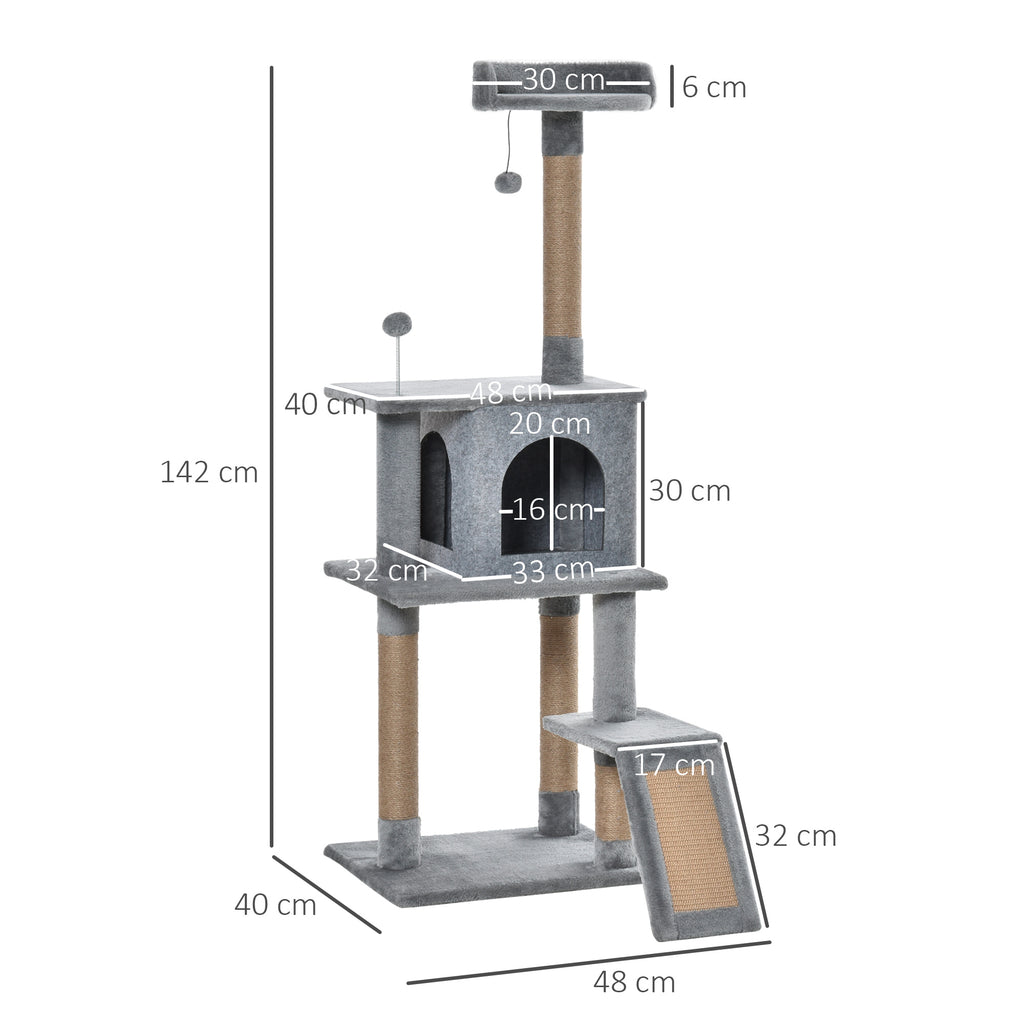 PawHut Cat Tree Tower 142cm Climbing Kitten Activity Center With Jute Scratching Post Board, Removable Felt Hanging Toy, Grey - Noventis Home