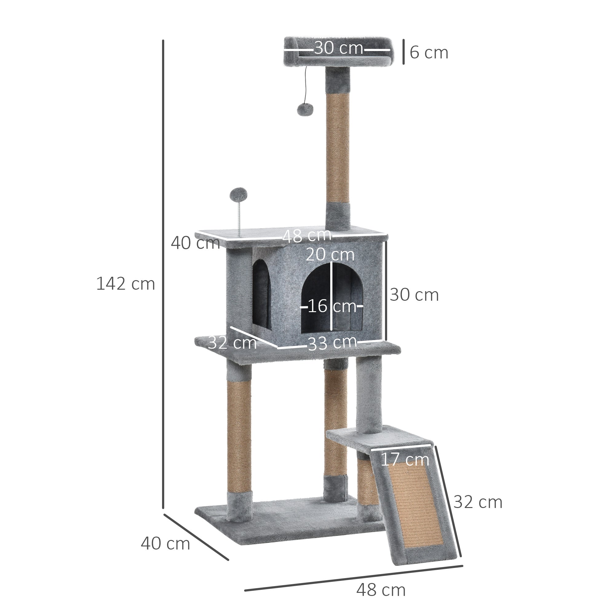 PawHut Cat Tree Tower 142cm Climbing Kitten Activity Center With Jute Scratching Post Board, Removable Felt Hanging Toy, Grey - Noventis Home