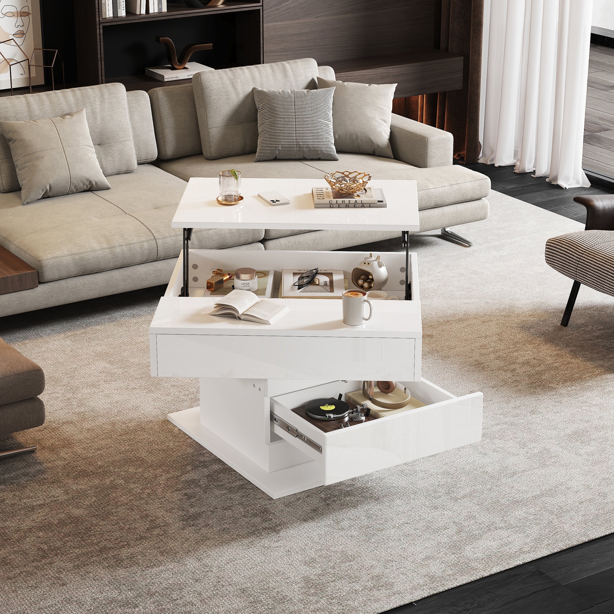 360° Draaibare Salontafel, Hoogglans Lift-Top met 1 Lade, Ruimtebesparende Bijzettafel, 70x70x45cm, Wit