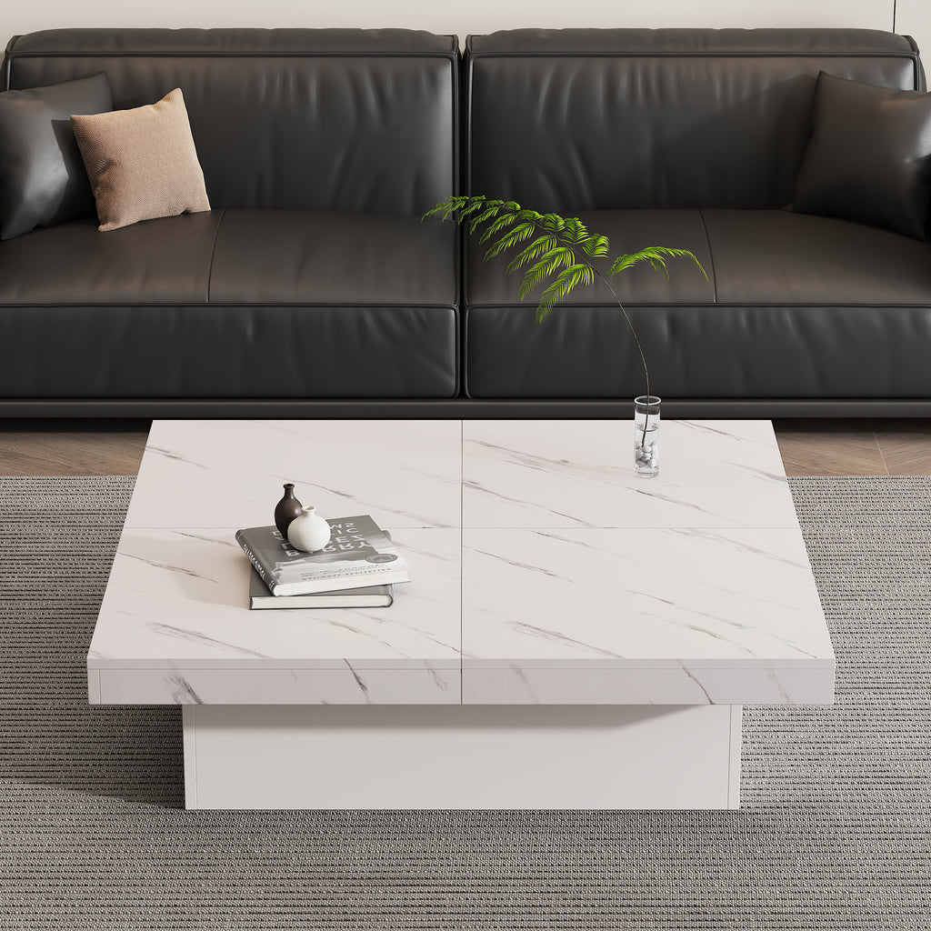 Modern Square Coffee Table With Marble Look, Centre Tea Table With 4 Sliding Drawers, Coffee End Table, 90 X 90 X 25 Cm, For Livingroom Office, White - Noventis Home