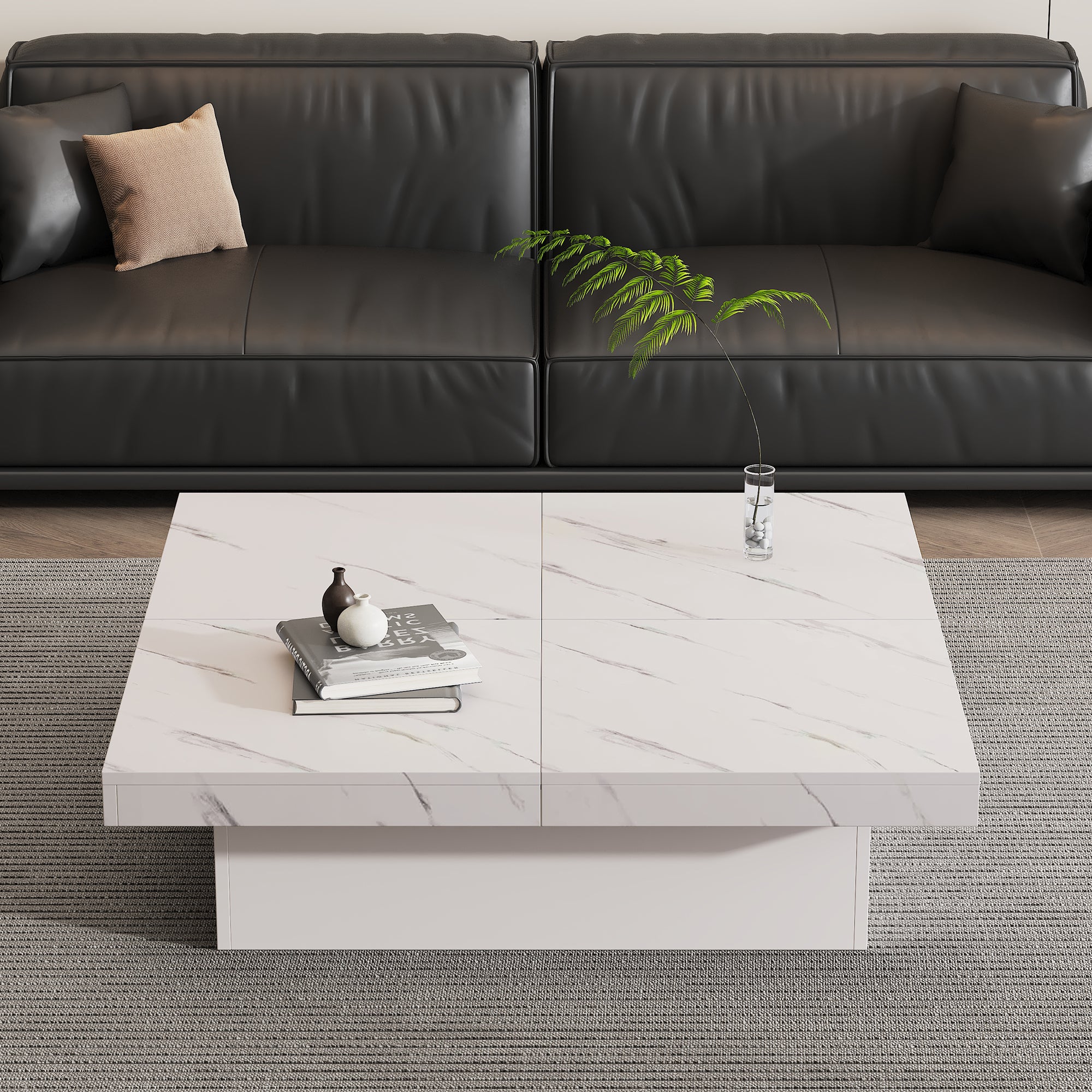 Modern Square Coffee Table With Marble Look, Centre Tea Table With 4 Sliding Drawers, Coffee End Table, 90 X 90 X 25 Cm, For Livingroom Office, White - Noventis Home