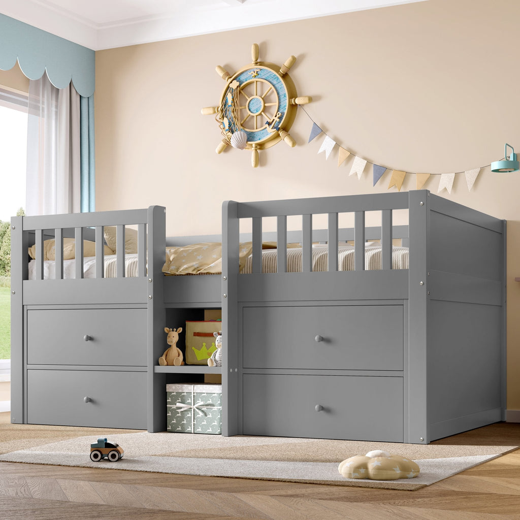 Laag Halfhoogslaper met Opbergruimte, Massief Houten Bedframe met 4 Lades en Veiligheidsreling, 90x190cm, Grijs, Zonder Matras - Noventis Home