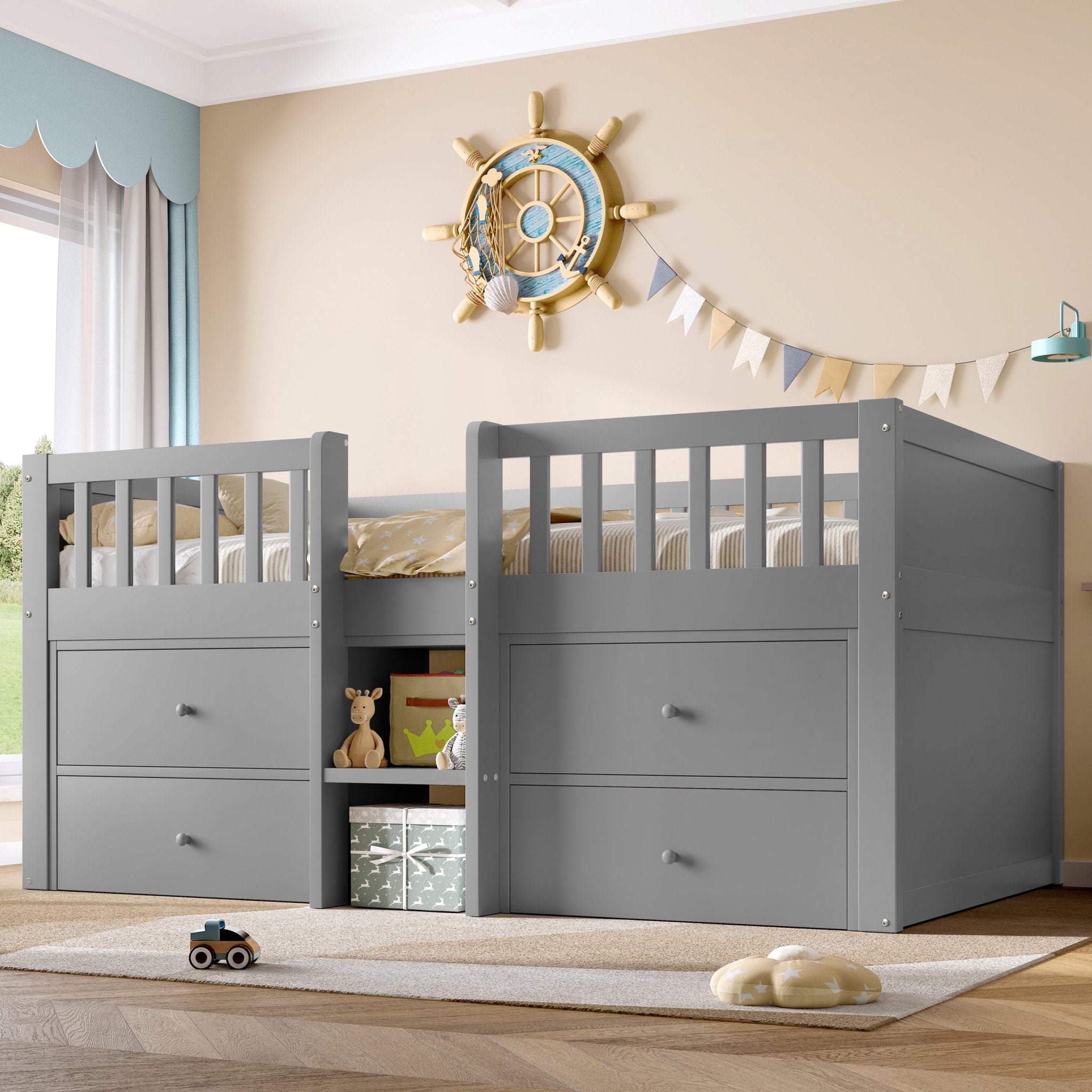 Laag Halfhoogslaper met Opbergruimte, Massief Houten Bedframe met 4 Lades en Veiligheidsreling, 90x190cm, Grijs, Zonder Matras - Noventis Home
