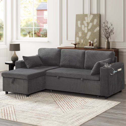 3 In 1 Convertible Corduroy Sofa Bed With Storage Chaise, L Shaped Sleeper Sofa Couches With Armrest Storage And Charging Station. Pullout Sectional Daybed For Living RoomBedroomOffice, Grey - Noventis Home