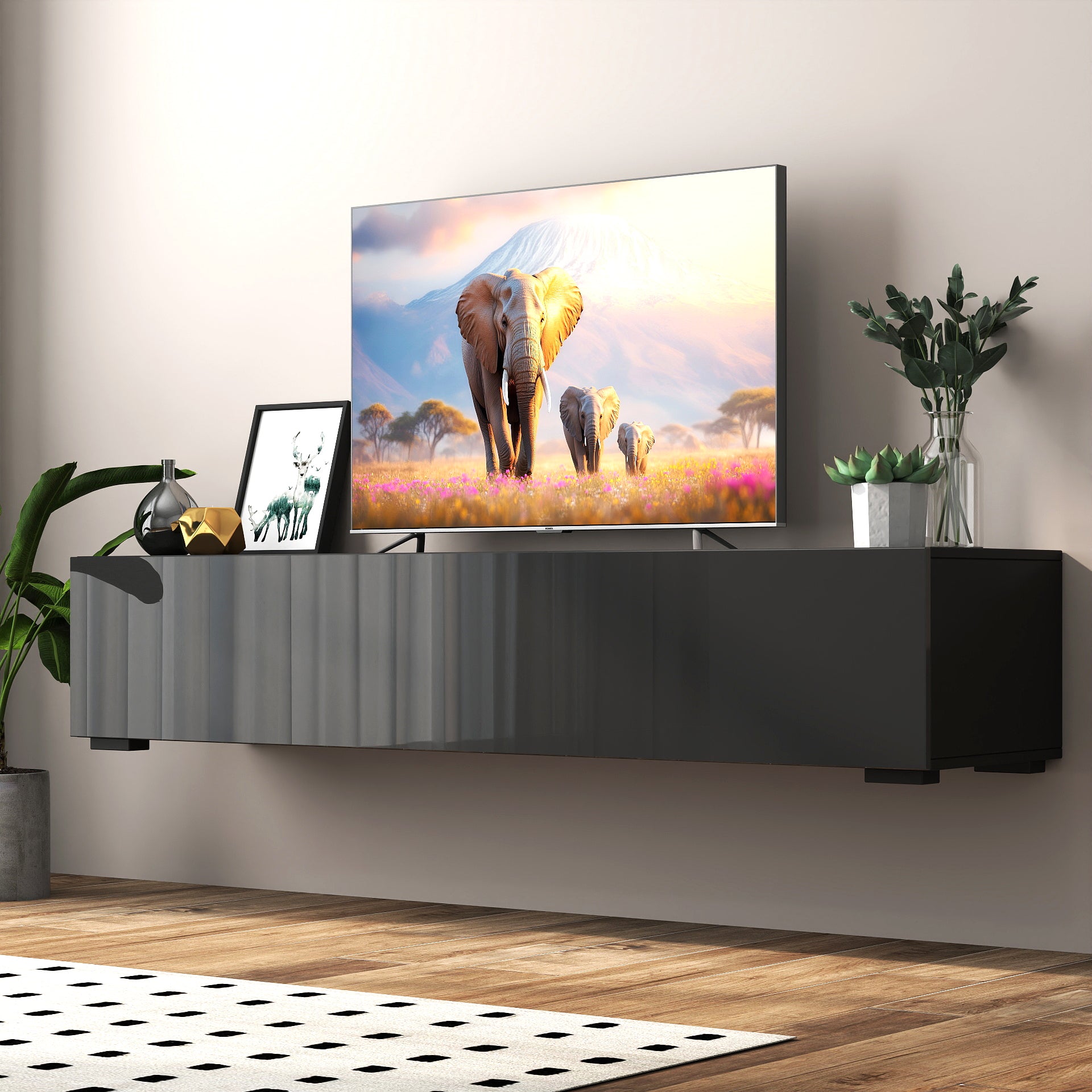 Modern Zwevend TV - meubel met Opbergruimte, 160cm, Zwart - Noventis Home