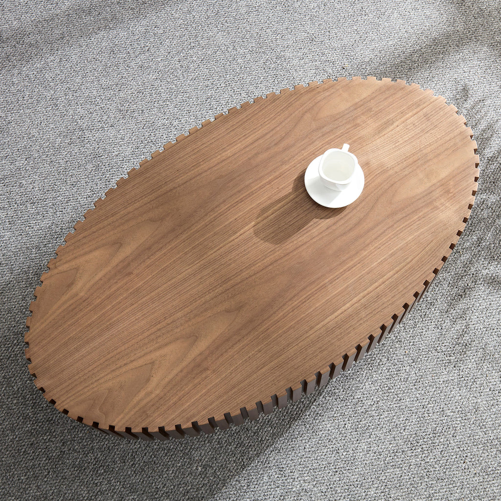 Modern Handcraft Drum Coffee Table Length 43.7 Inch Ellipse Coffee Table For Living Room,Oval Small Coffee Table With Sturdy Pedestal,Walnut MDF - Noventis Home