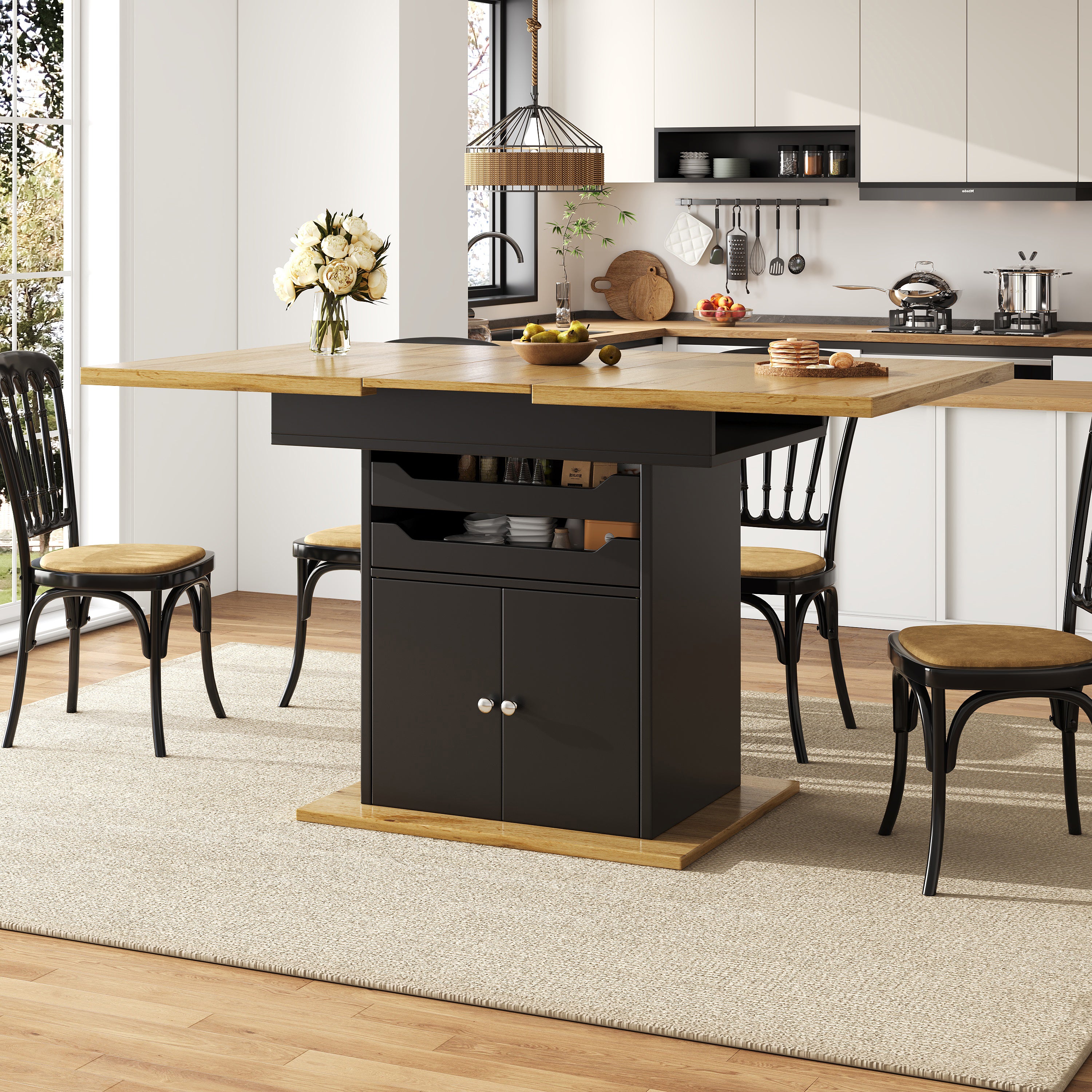 Uitschuifbare Eettafel 110-140x80cm, Inklapbare Keukentafel voor 4-6 Personen, met 2 Lades en Opbergkast, Zwart
